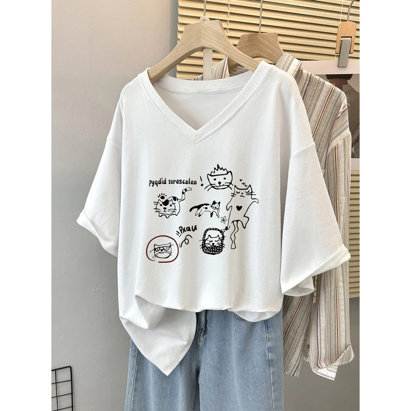 胖mm大码正肩t恤女装纯棉短袖ins潮夏季新款宽松遮肉显瘦V领上衣