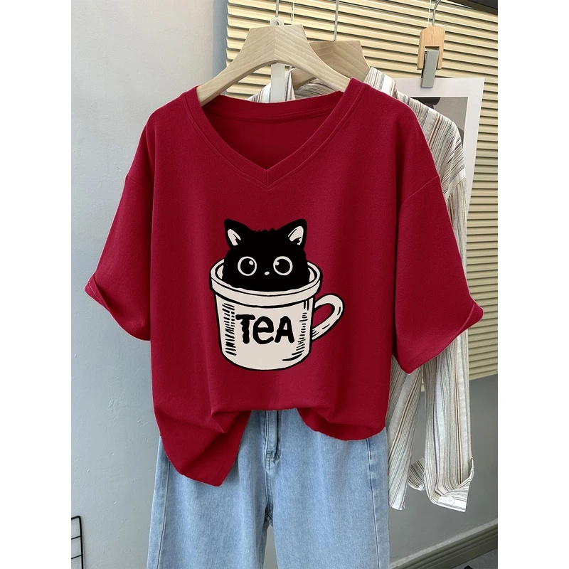 300斤胖mm纯棉V领短袖t恤女夏季2024新款宽松设计感小众大码上衣