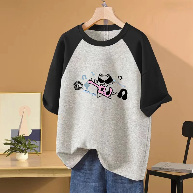 胖mm纯棉插肩短袖t恤女夏季2024新款宽松显瘦韩版大码遮肉上衣服