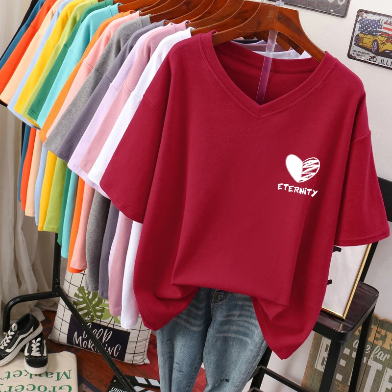 300斤胖mm纯棉爱心短袖t恤女大码宽松ins潮设计感小众半袖V领上衣