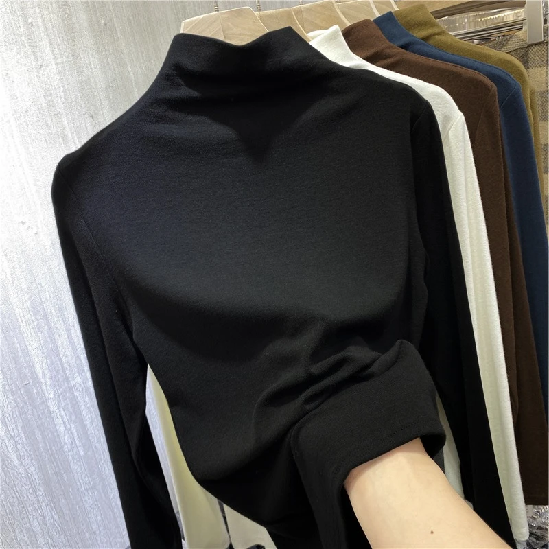 双面德绒半高领打底衫女春秋冬内搭加绒加厚2022女士保暖上衣洋气