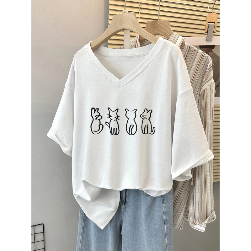 大码女装复古纯棉正肩短袖t恤女夏季美式宽松半袖小个子V领上衣服