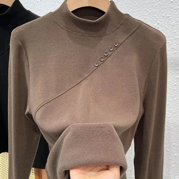 半高领德绒打底衫长袖t恤女2024春秋新款大码胖mm遮肚子显瘦上衣