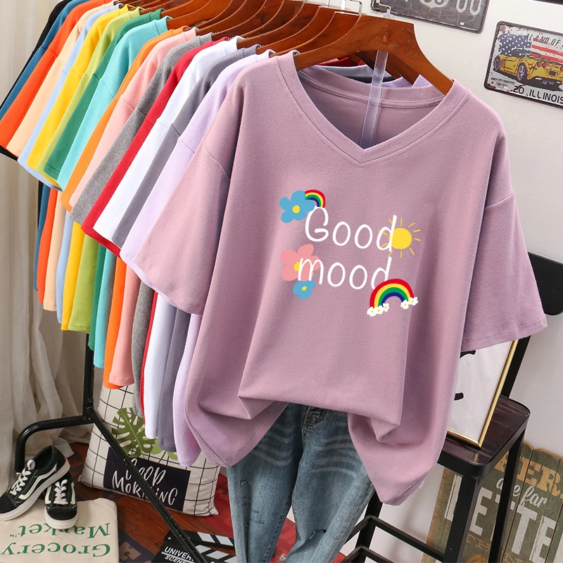 大码女装纯棉短袖t恤女2023新款夏装胖mm显瘦宽松体恤V领上衣女潮