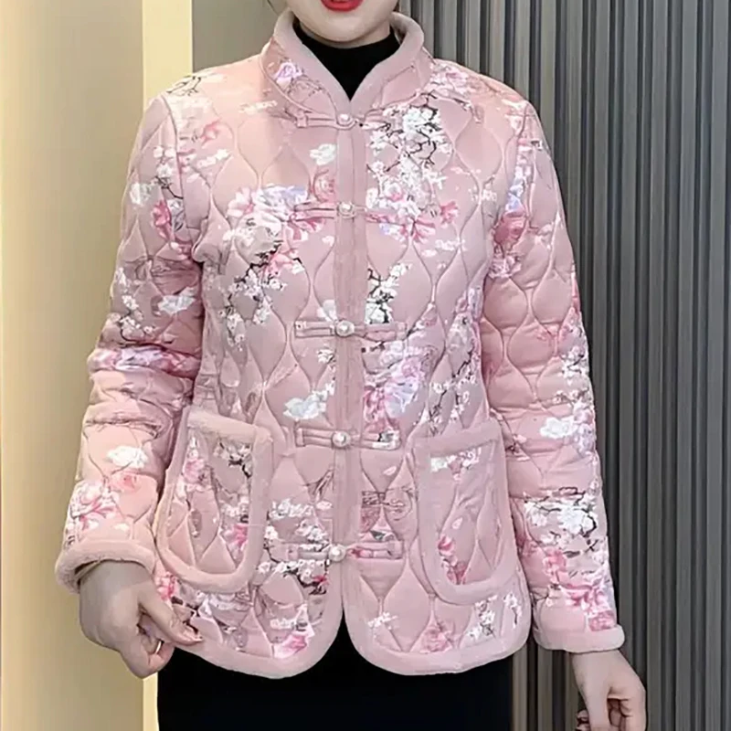 新款升级珍珠扣新中式百搭小棉袄洋气小花袄网红款加绒加厚外套