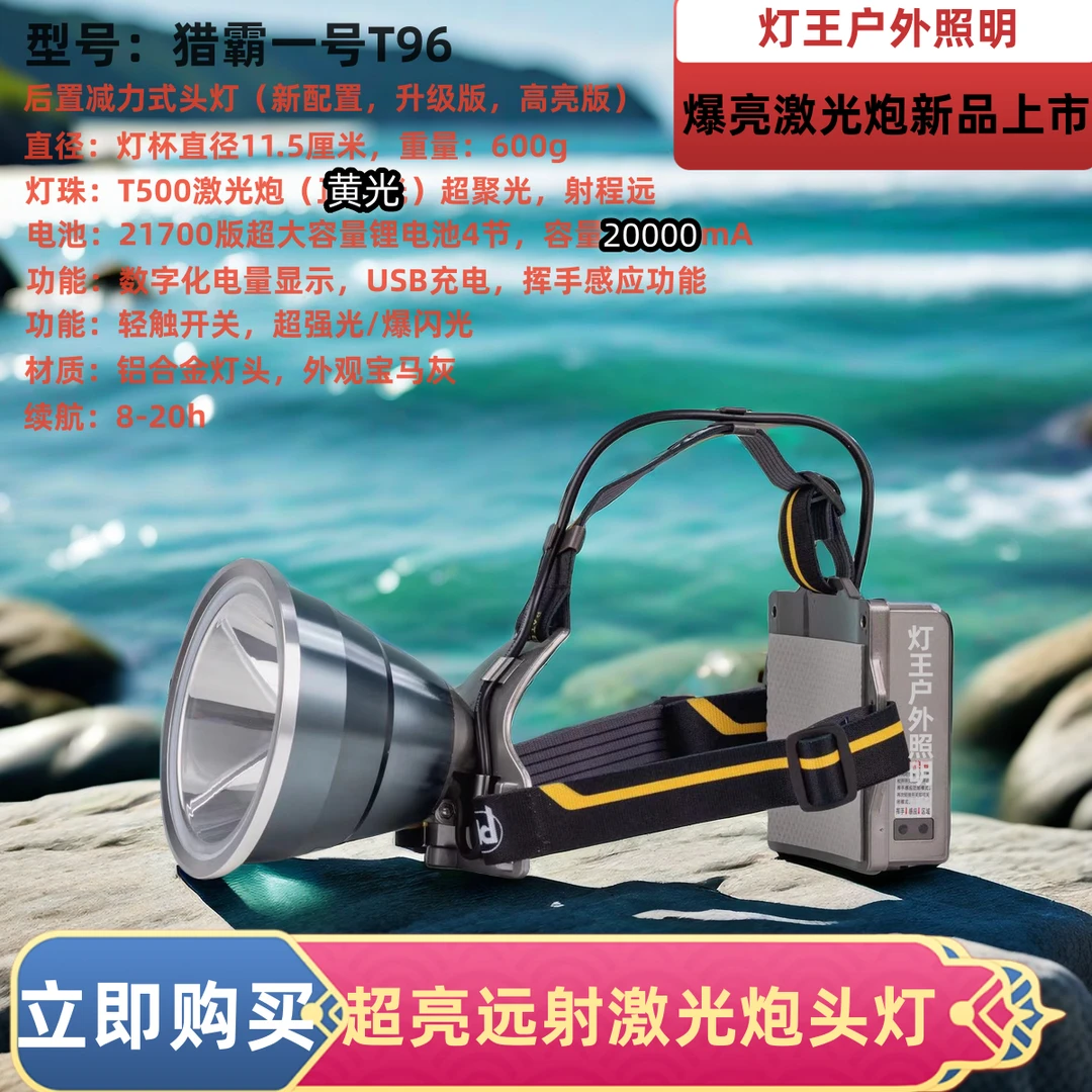猎霸一号T96黄光进口锂电头戴式头灯超亮远射超长续航户外赶海