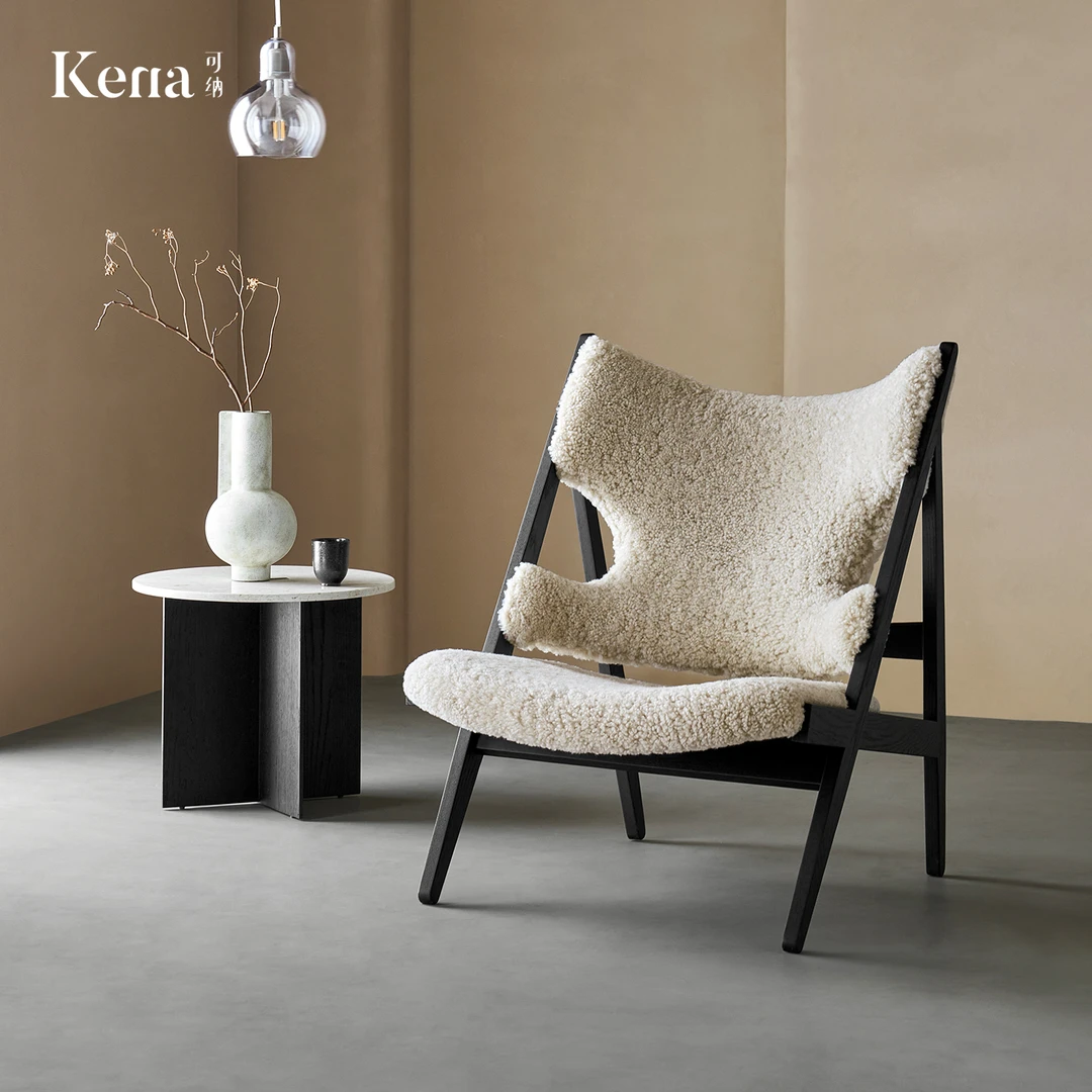 Kena可纳/牧野单人椅羊毛皮黑色简约复古实木休闲客厅家用设计师P
