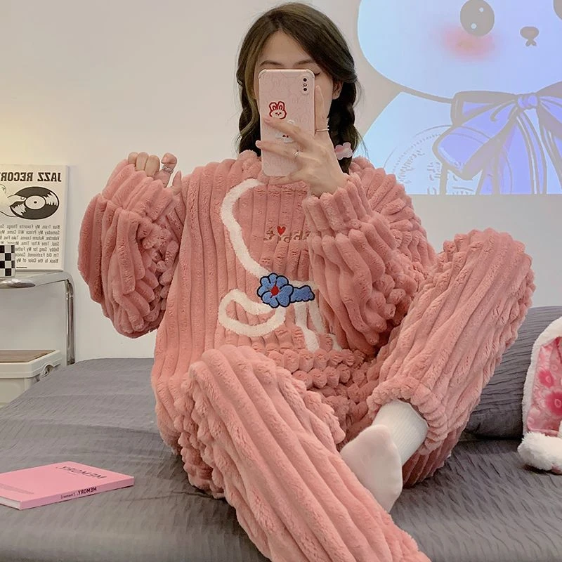 珊瑚绒睡衣女爆款加绒加厚保暖宽松加大码新款可外穿冬天家居服