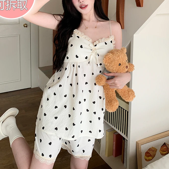 带胸垫睡衣女套装夏天吊带短裤薄款少女士宽松大码孕妇夏季家居服