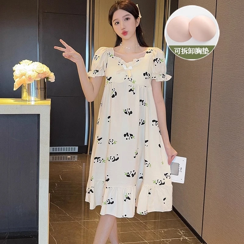 带胸垫睡衣女春秋夏季短袖薄款可爱睡裙女士夏天新款可外穿家居服