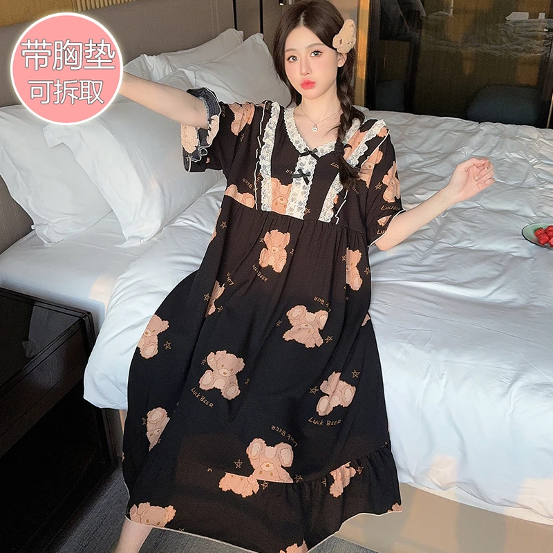 夏天中长款带胸垫睡裙夏季短袖薄款过膝蕾丝加大码宽松睡衣家居服