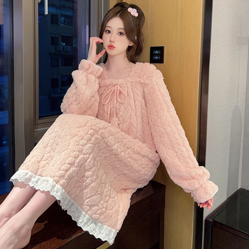 睡裙女款秋冬季珊瑚绒长款加厚保暖公主风大码孕妇睡衣新款家居服