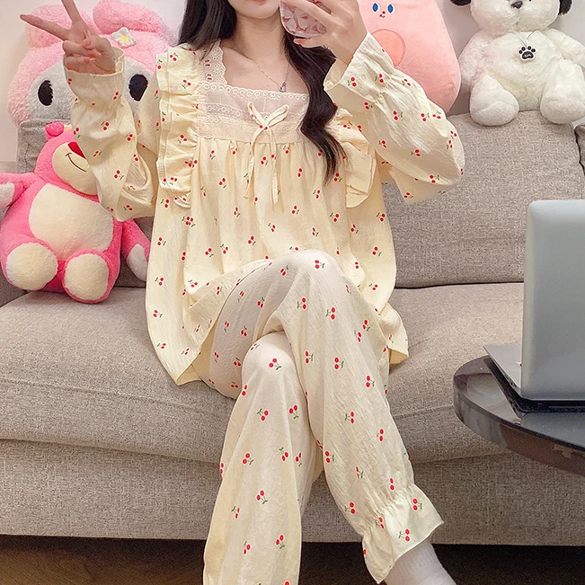 韩版带胸垫长袖睡衣女套装夏季少女士宽松2024新款春秋冬款家居服
