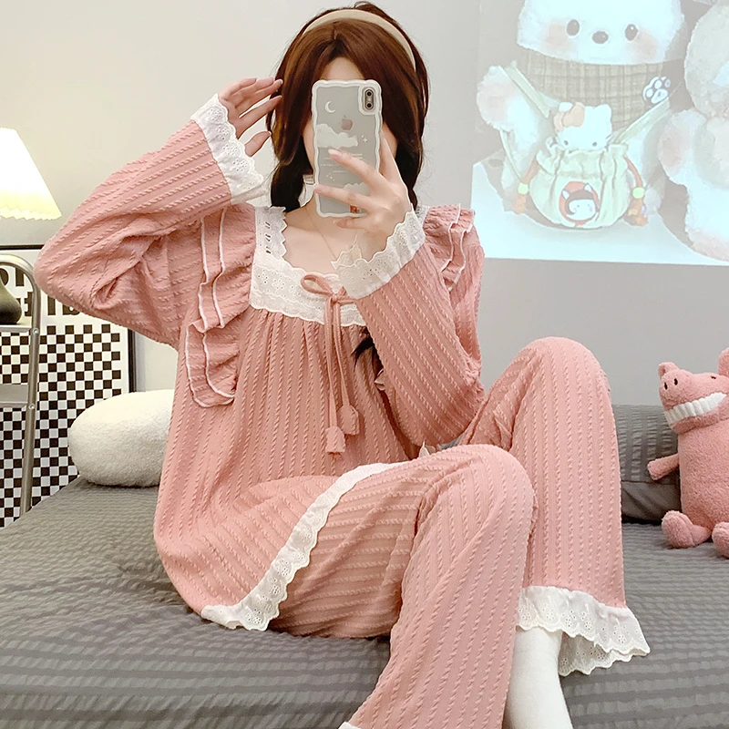日系公主风睡衣女套装春秋款甜美长袖长裤新款大码宽松秋季家居服