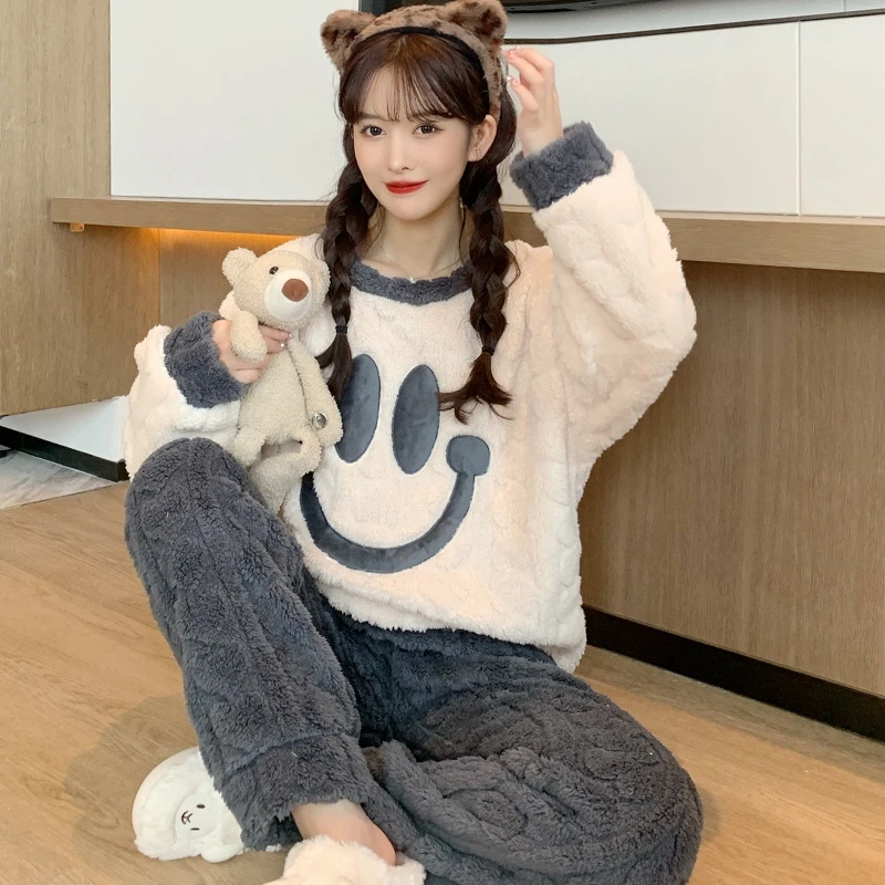 睡衣女套装法兰绒珊瑚绒春秋冬季2024新款大码加绒甜美加厚家居服