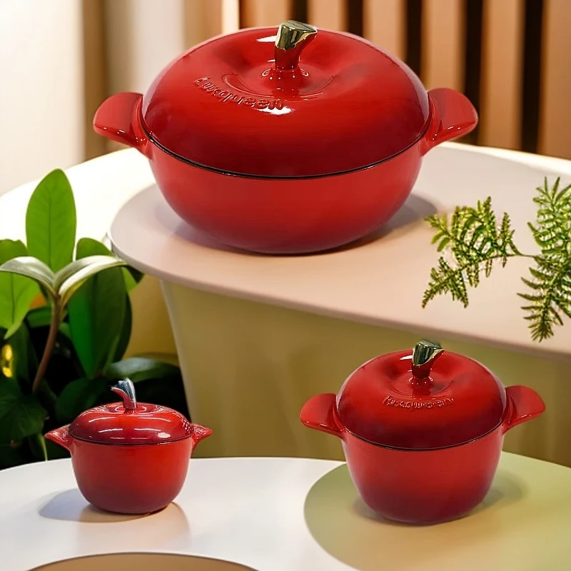 Luxqueen美味女王开运红系列苹果型铸铁珐琅锅黑底釉缎黑釉面