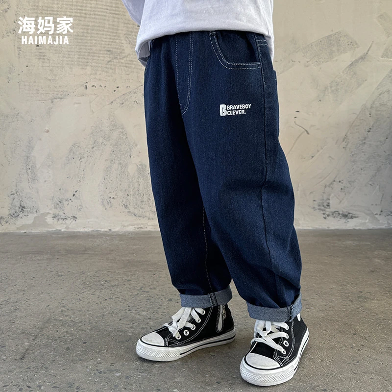 【开播福利】男童春秋款牛仔裤中大童宽松字母印花长裤|24aj07