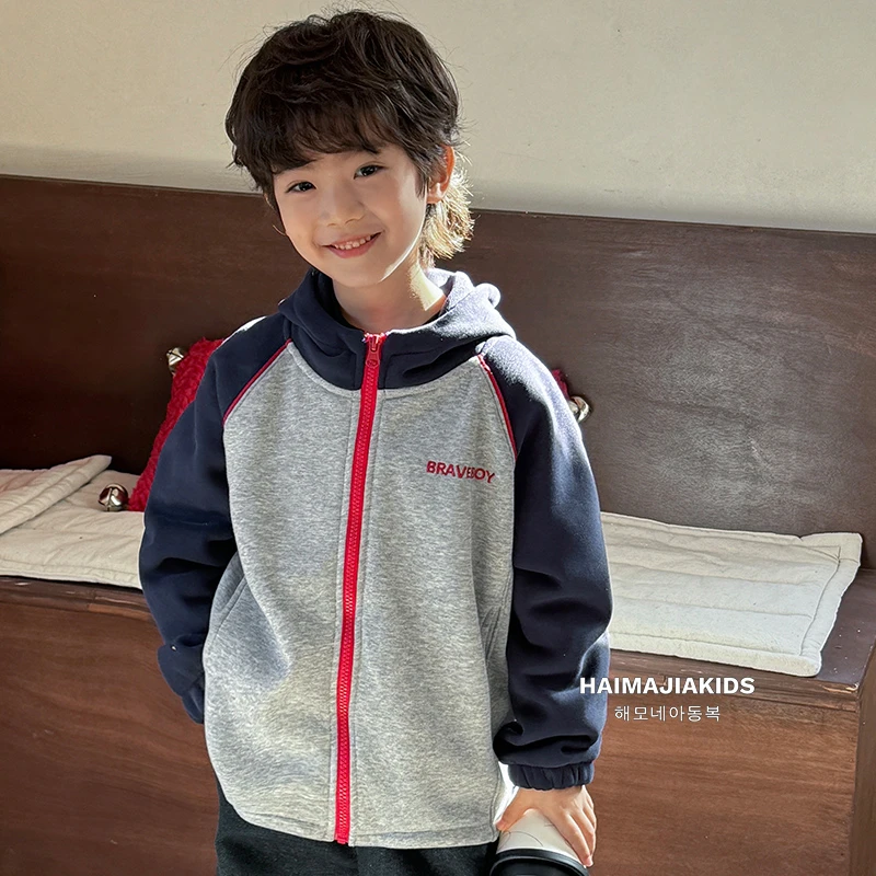 【薄绒拼色】男童撞色外套秋冬新款中大童潮上衣|24dd08