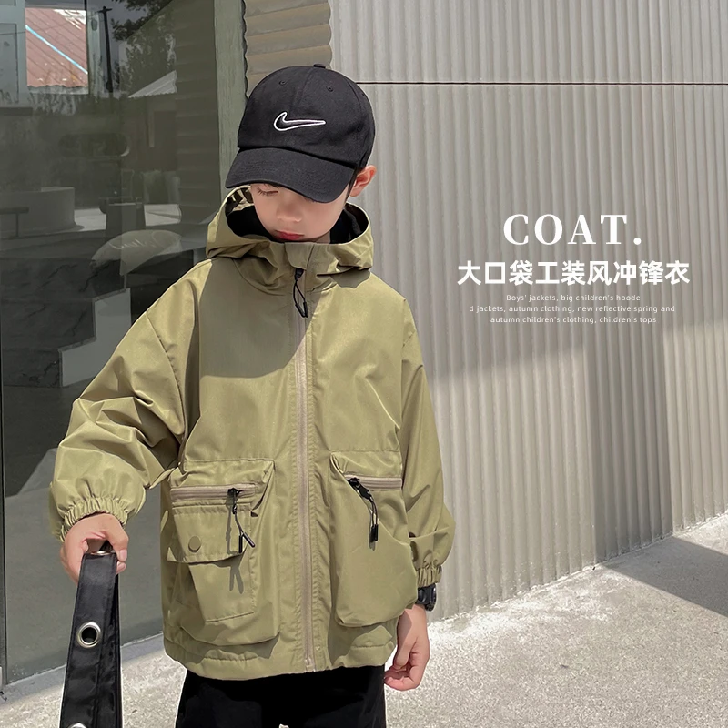 【细格纹工装大口袋】男童潮流休闲风外套中大童连帽冲锋衣|22cd09