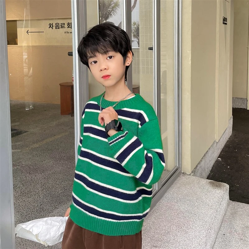 【反季福利】男童撞色条纹圆领大童舒适柔软针织衫上衣|23dp04