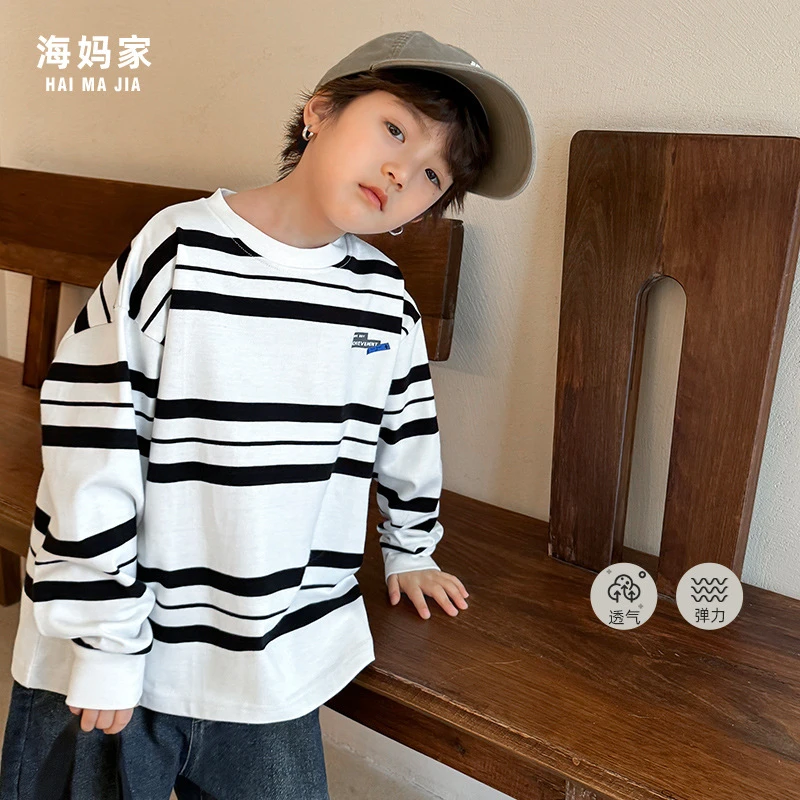 【重磅棉】男童轻奢分条纹T恤春秋新款中大童上衣|24ca08