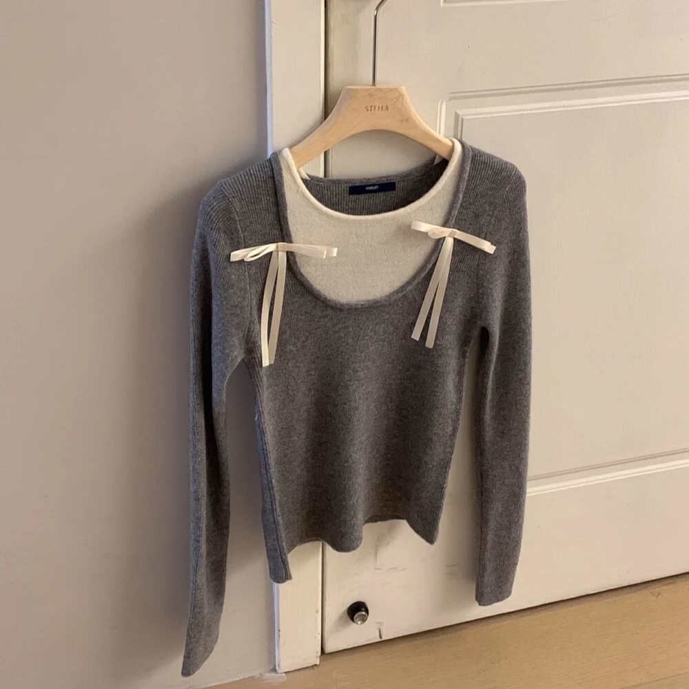 秋季新款韩系chic风蝴蝶结假两件针织衫好穿撞色拼接显瘦别致上衣