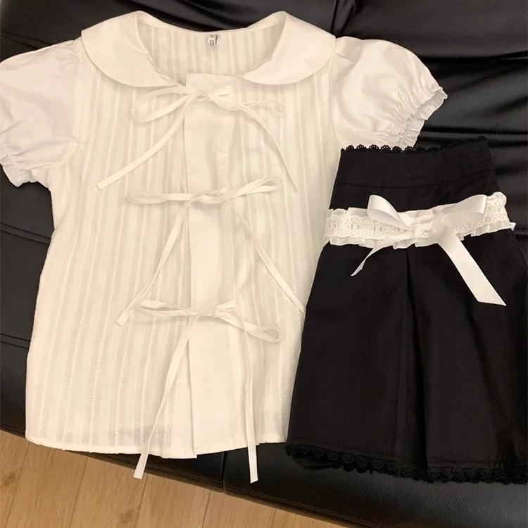 夏季新款韩系宽松娃娃领短袖衬衫流行小众别致温柔泡泡袖上衣女