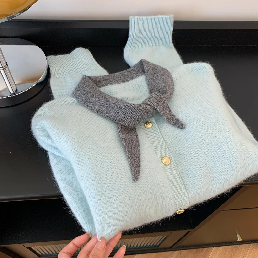 名媛风气质长袖撞色针织衫女2024秋冬新款减龄蝴蝶结高级感上衣潮
