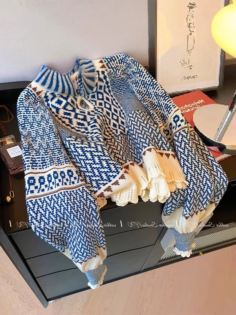 高级感穿搭小个子别致绝美奶fufu慵懒蓝色民族风花纹毛衣春季内搭