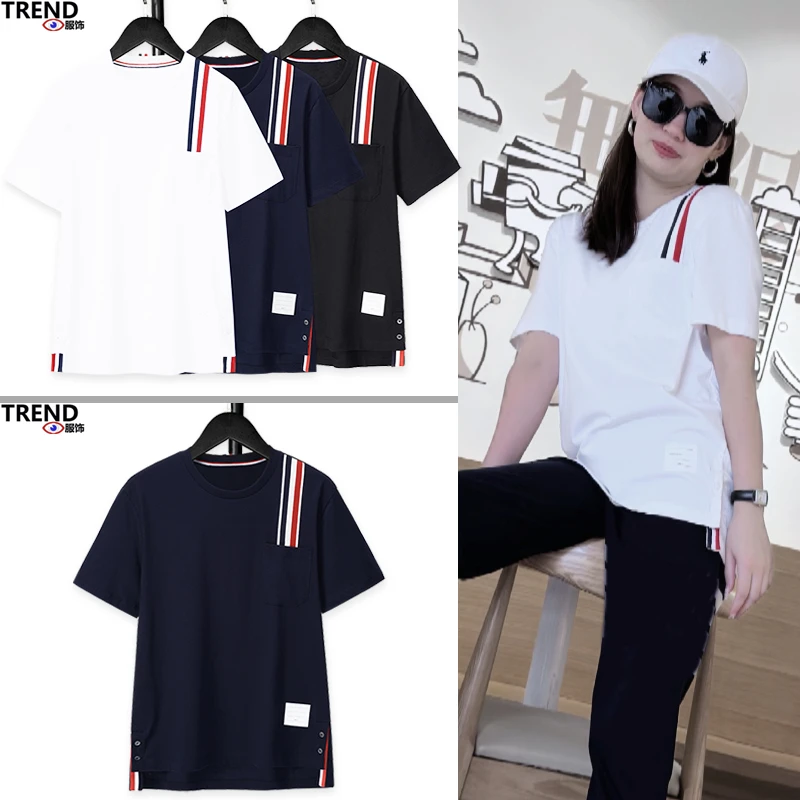 人气单品胸前织带短袖T恤舒适平纹棉男士透气圆领半袖夏季上衣