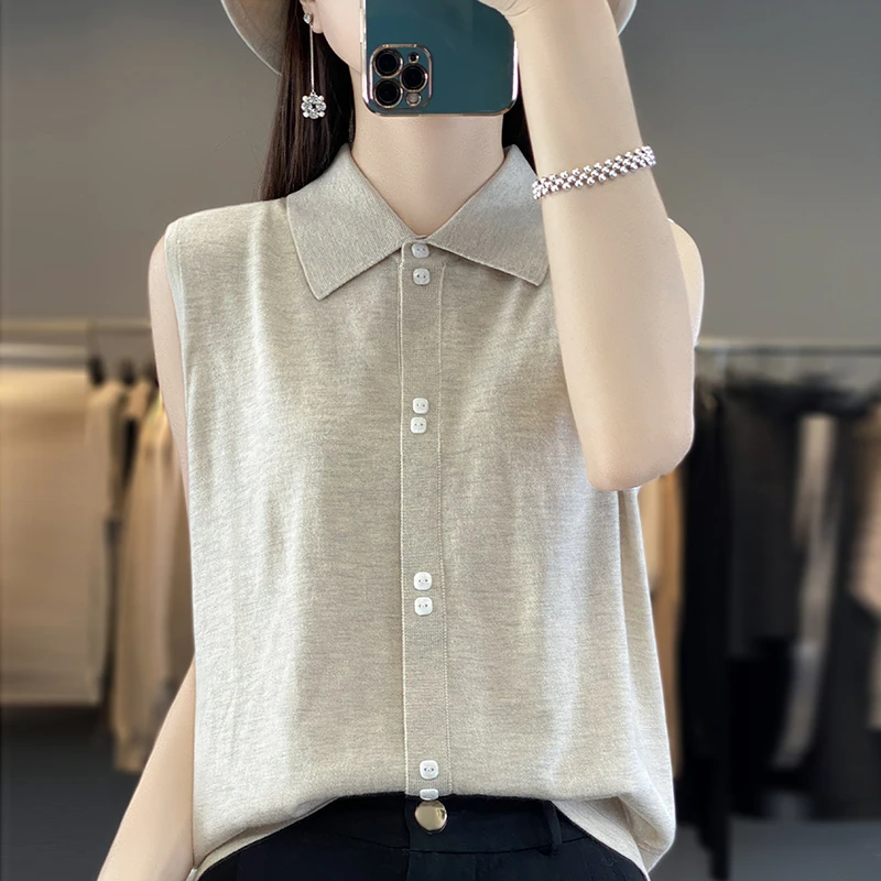 品牌衬衣领无袖背心打底衫女内搭叠穿套头时尚百搭针织上衣