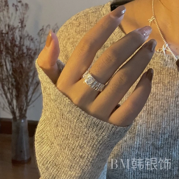 925银戒指 轻奢时尚百搭重工表带戒指个性设计感锆石情侣气质指戒