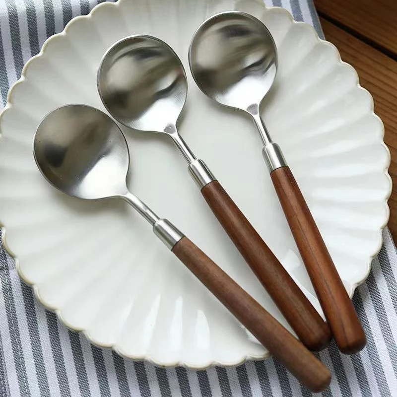 仿胡桃木纹木柄勺西餐勺不锈钢圆勺汤勺吃饭勺汤勺汤更大勺子勺子