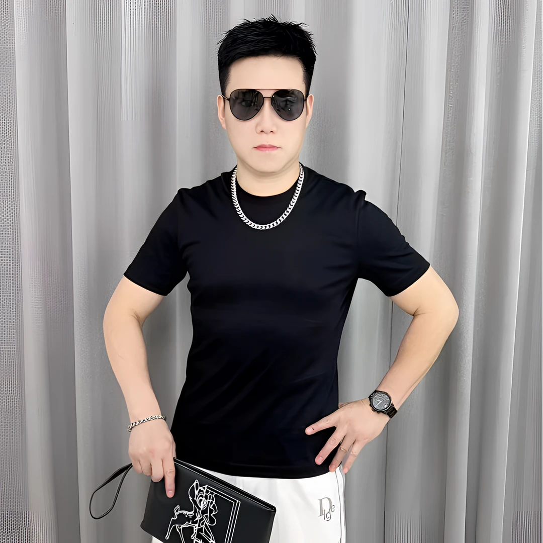 夏季休闲高品质黑色简约纯色男士时尚百搭弹力修身短袖T恤 4TX050