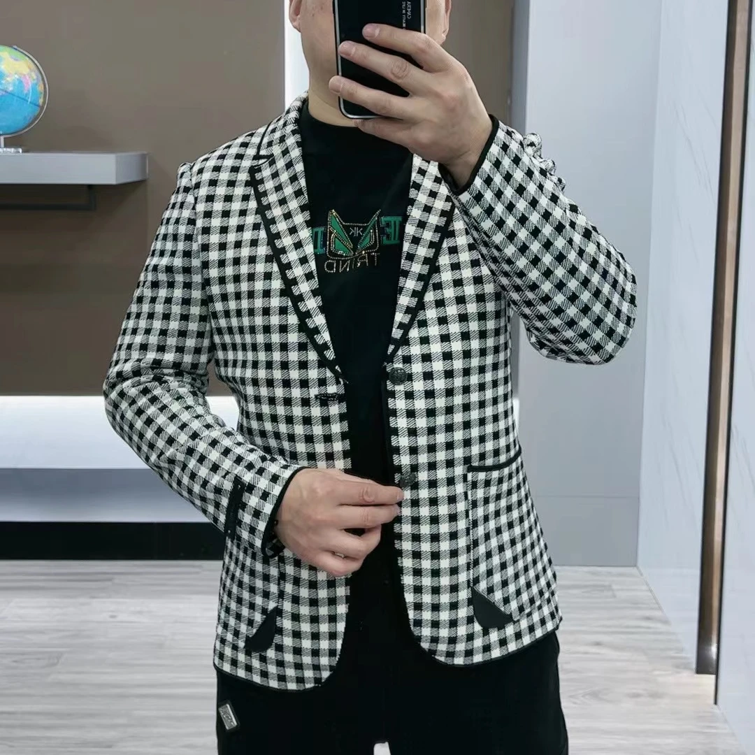 欧隆汇 潮牌男士外套2024春季新款休闲时尚格子修身百搭时尚西装