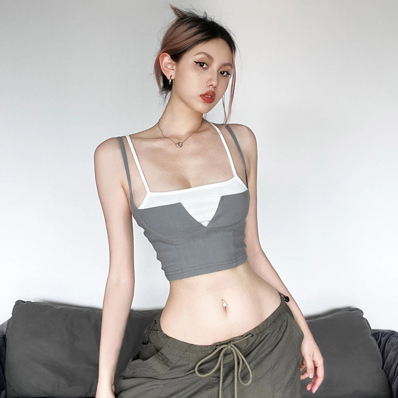 Malou 美式休闲拼接吊带背心设计感显瘦高腰假两件上衣K23B30554