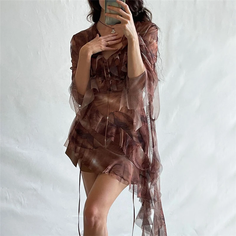 KLIOU 法式氛围感印花荷叶边拼接连衣裙不规则显瘦短裙K23D36361