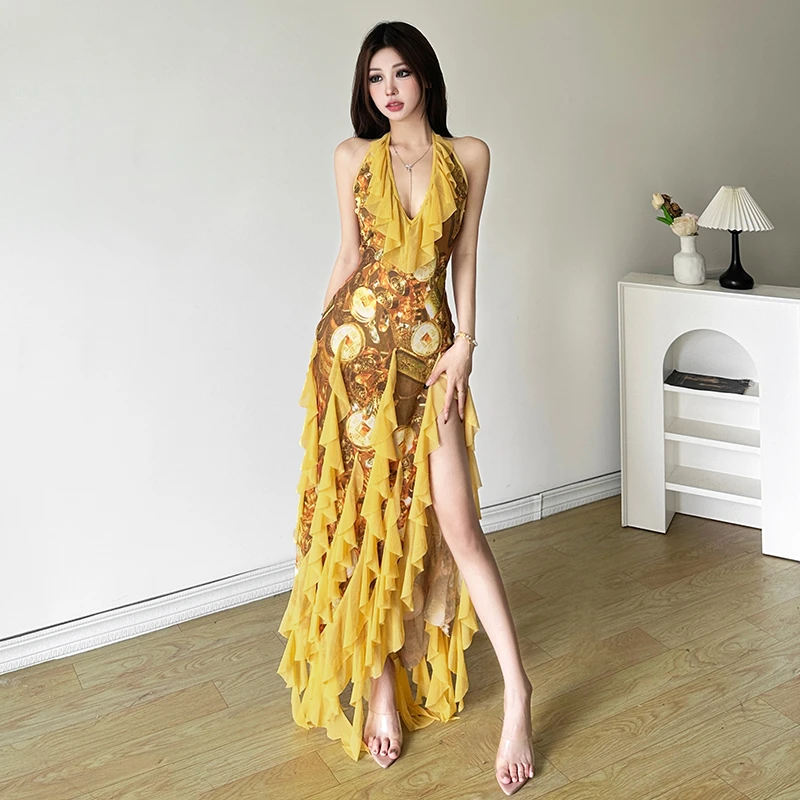 Malou 复古中世纪Vintage油画风法式V领挂脖吊带连衣裙K24D48742