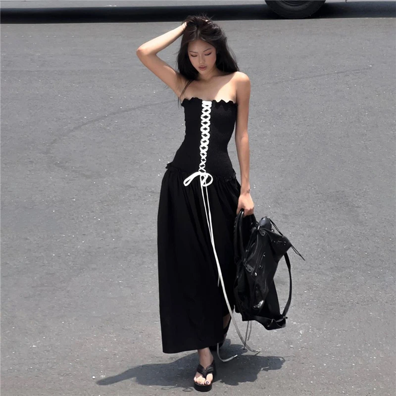 Malou个性辣妹风复古撞色系带抹胸连衣裙收腰显瘦大摆裙K23D31270