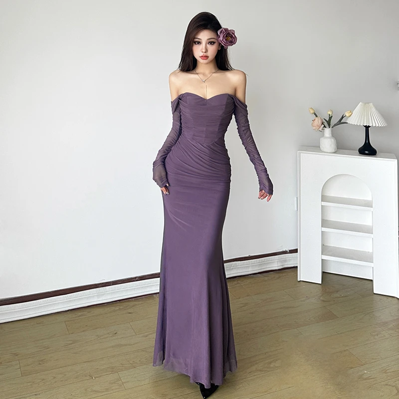 Malou 轻熟御姐风网纱露肩修身性感连衣裙女显瘦鱼尾裙K24D55484