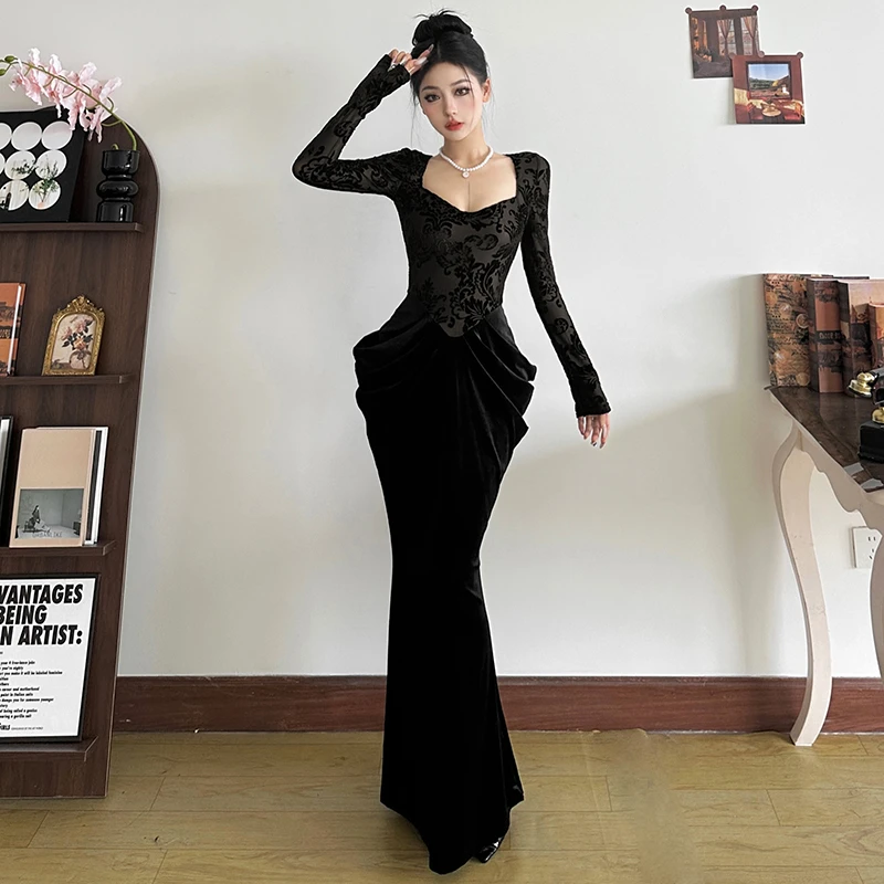 Malou 静谧典雅复古显瘦绒面连衣裙女 赫本风晚宴长裙K24D58252