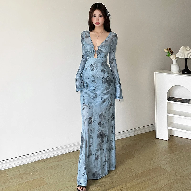 Malou温柔古韵水墨晕染小性感镂空V领连衣裙女复古长裙K24D51053