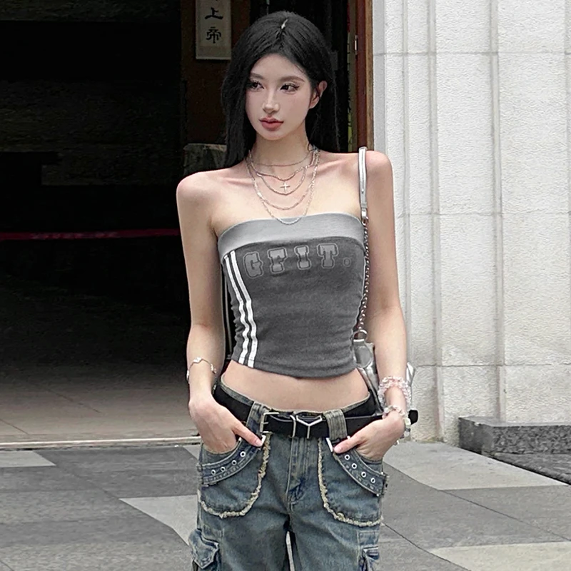 Malou 亚裔风痞帅撞色拼接紧身百搭抹胸女 Vibe复古上衣K24L49225