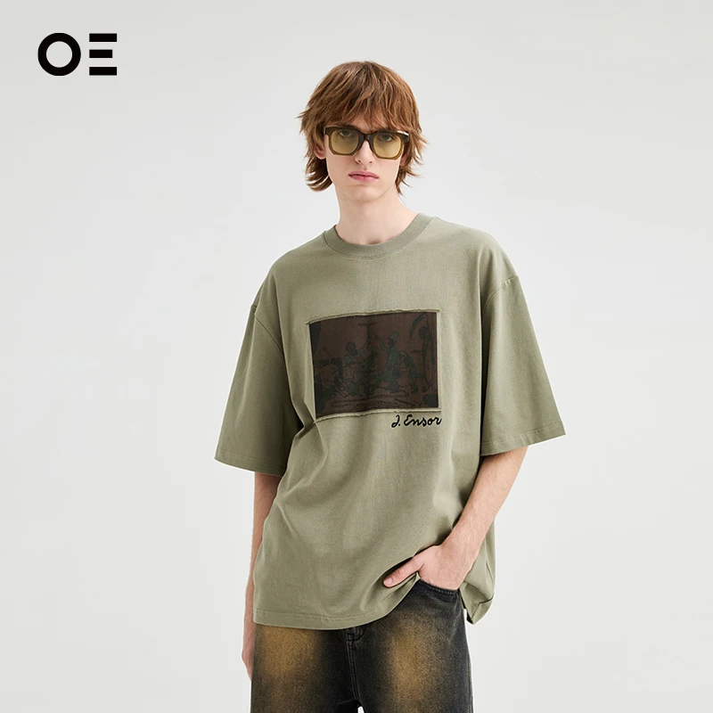 Organic Emotion｜OE重磅丝网印圆领短袖T恤松绿落肩款五分袖TH14