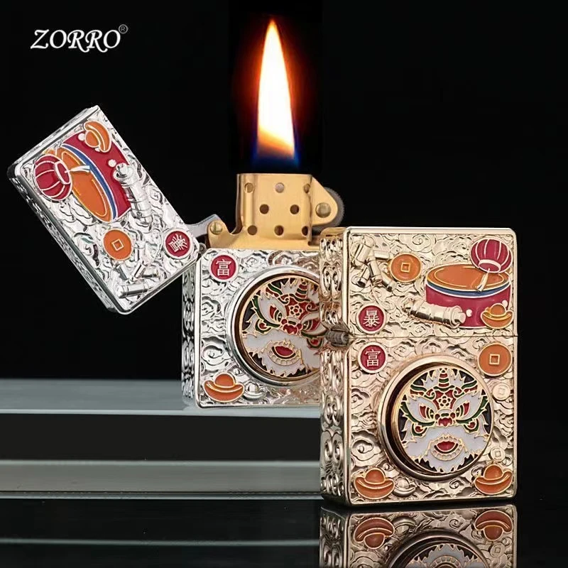 ZORRO佐罗盔甲醒狮煤油打火机全铜加厚精雕砂轮滑轮复古防风火机