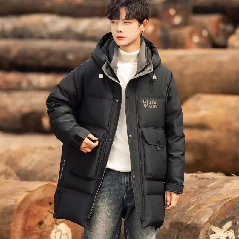 中长款连帽羽绒服男冬季新款潮牌休闲保暖加厚鸭绒工装外套