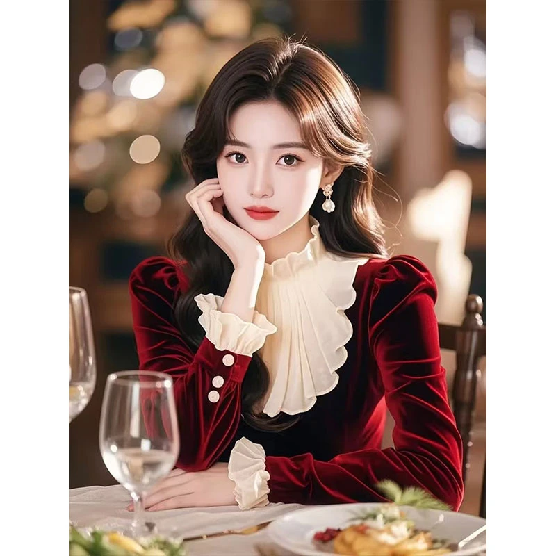 法式丝绒红色长袖衬衫女春季新款高级感荷叶边修身显瘦气质上衣