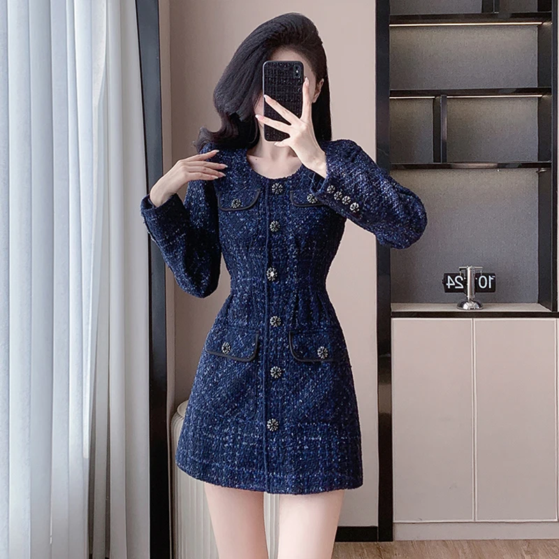 法式气质轻熟风收腰连衣裙女春季新款收腰显瘦时尚休闲粗花呢裙子