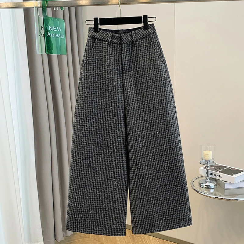 复古高腰直筒毛呢阔腿裤子女春冬新款大码宽松休闲加厚格子九分裤