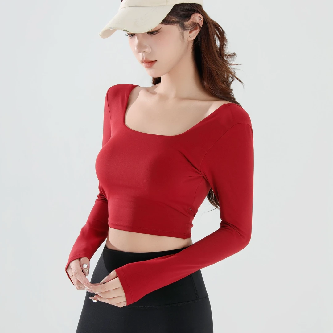 秋冬交叉美背瑜伽长袖女 带胸垫露背方领修身外穿运动t健身上衣